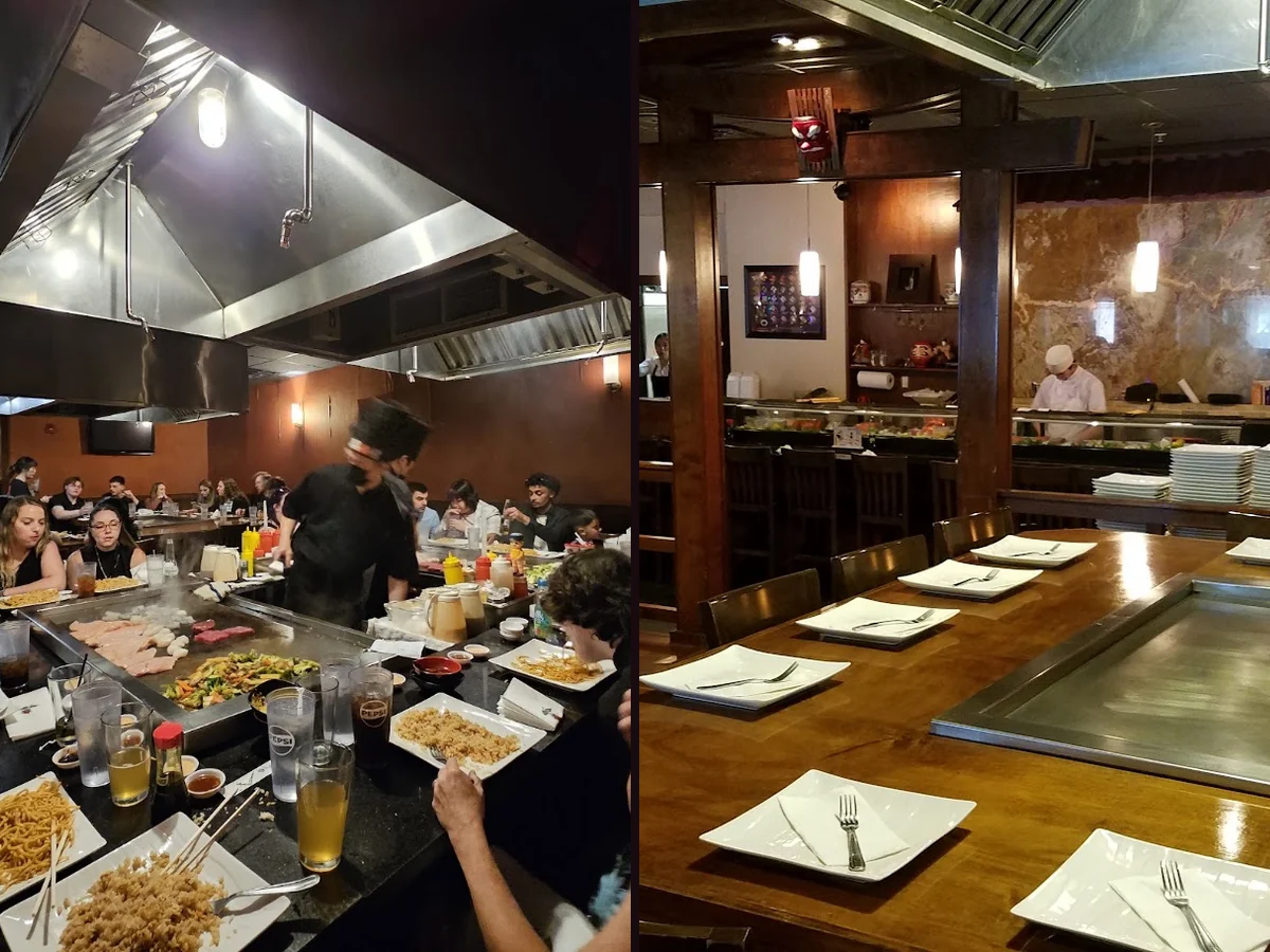 Hibachi grill with chefs cooking in front of diners.