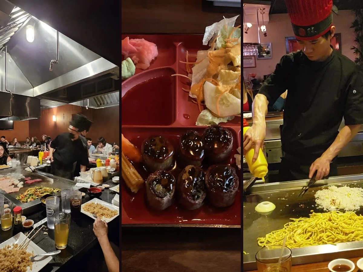 Hibachi grill with chefs cooking in front of diners.